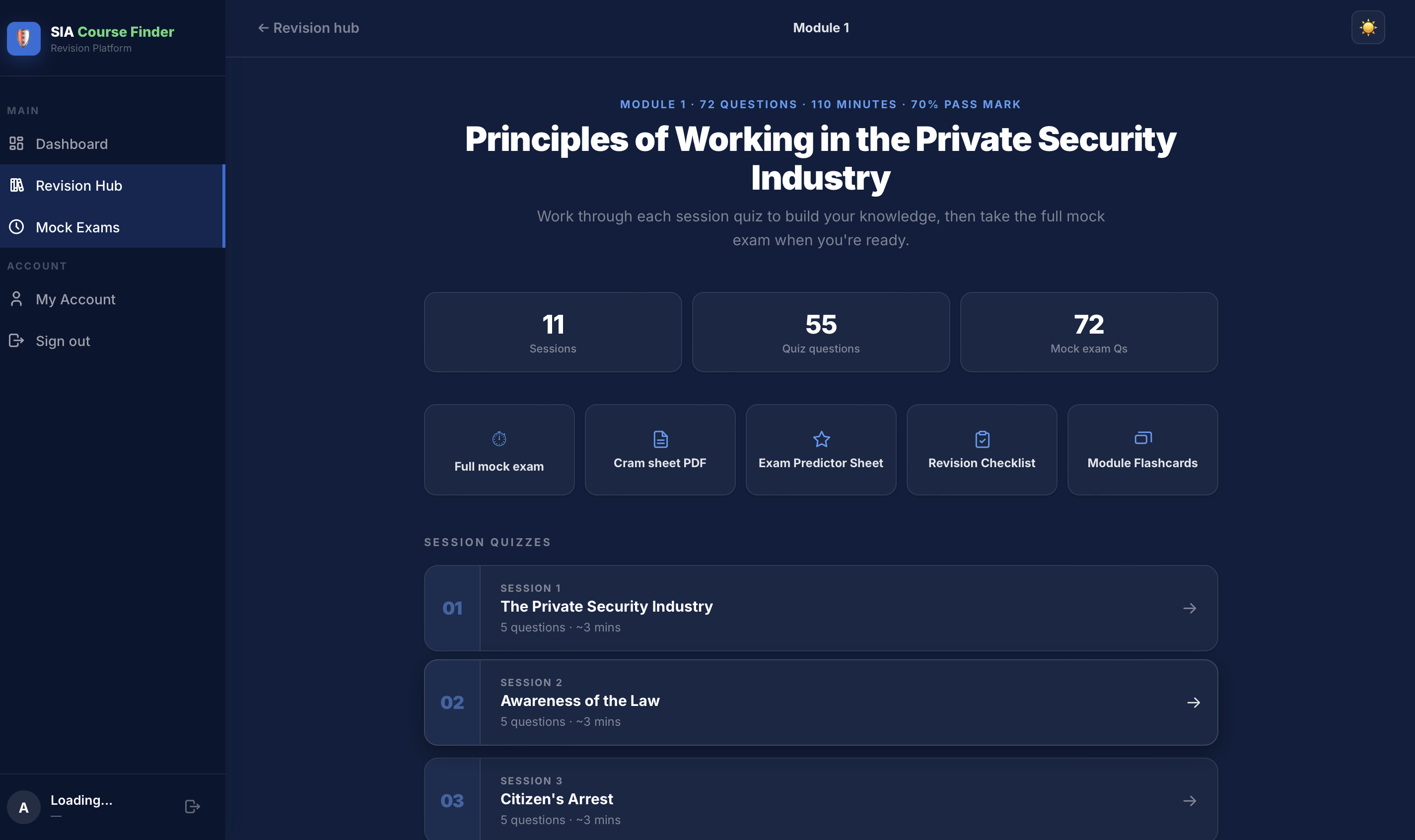 The SIA Course Finder revision dashboard